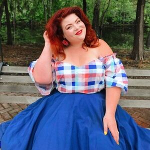 ASOS Red Blue White Sky Gingham Off-Shoulder Retro Cropped Blouse US 20 UK 24